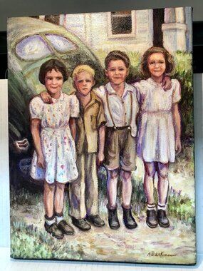 Original art painting Alice Berkman The Hand-Me-Downs 2010 four children